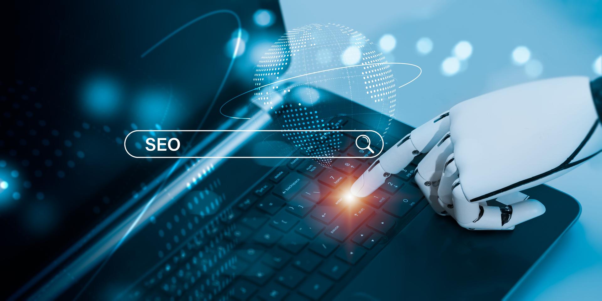 AI-powered robot hand using laptop for SEO automation, symbolizing advanced keyword research and video content creation with Semrush and Pictory.ai tools